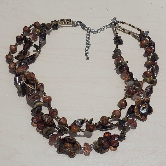 Multi Strand Beaded Necklace Brown Amber Bronze Beads - Picture 10 of 10
